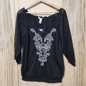 White House Black Market Womens S Black Embroidered Blouse Gathered Waist Nwt